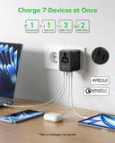 MOMAX Mini 7-in-1 Universal Travel Adapter GaN 70W – Dual AC, 3×USB-C PD & 2×USB-A Fast Charger (Black)