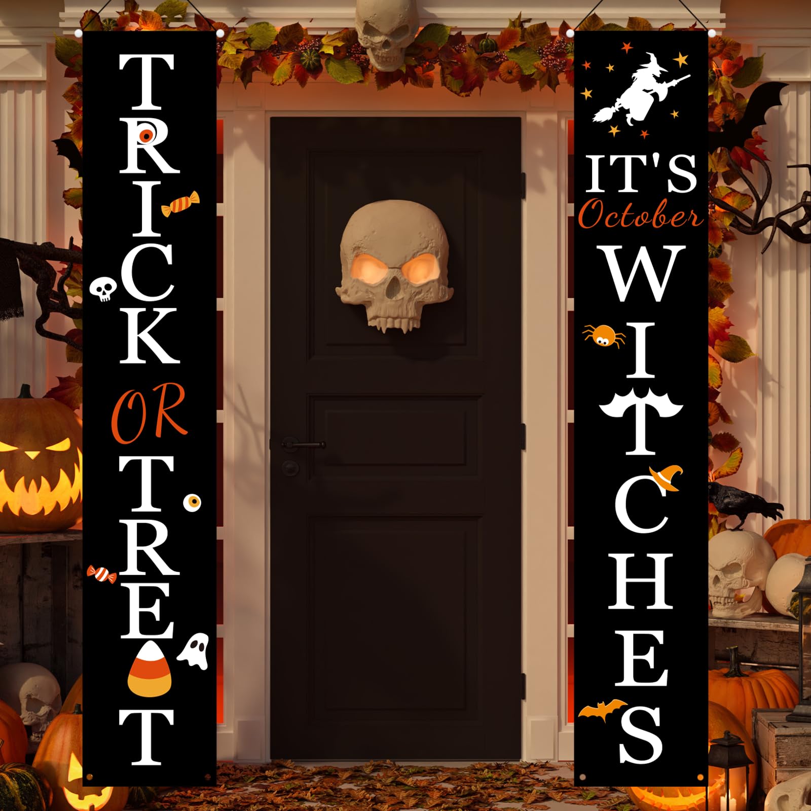 Halloween Porch Banners – Trick or Treat & It’s October Witches Hanging Signs for Front Door & Outdoor Decor