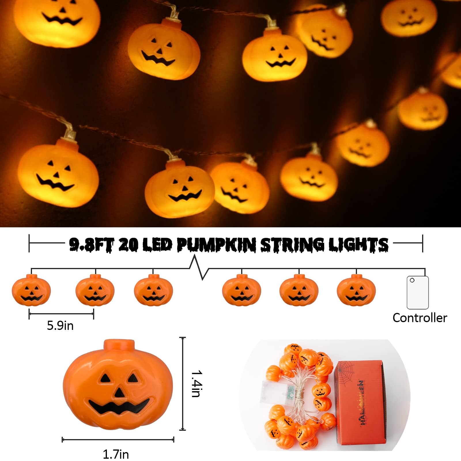 Pumpkin String Lights – 10FT 20 LED Battery Operated Halloween Lights (Steady & Flash Modes, Waterproof)