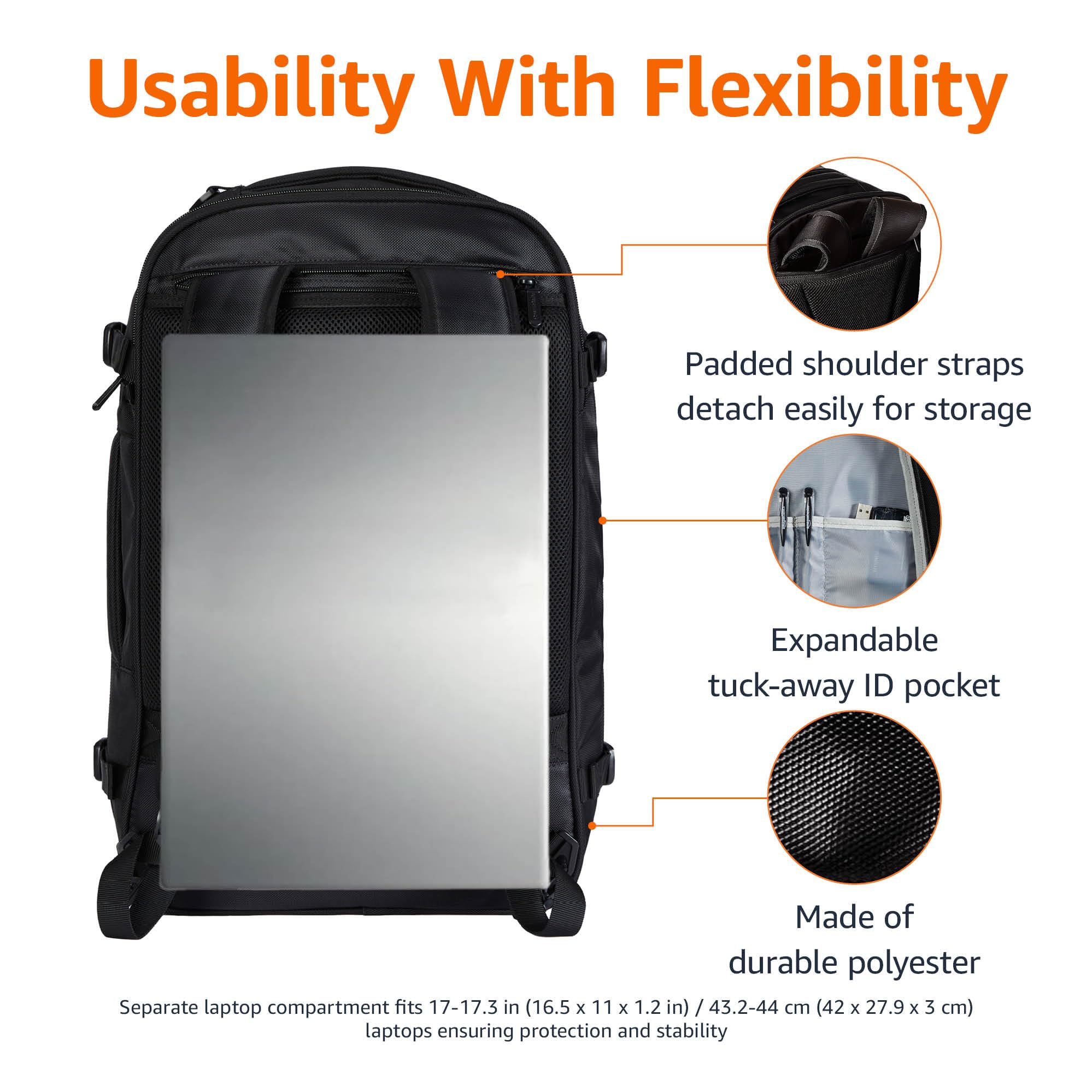 Amazon Basics 40L Expandable Carry-On Travel Backpack with Laptop Compartment – Dual-Use Backpack & Shoulder Bag (Black)