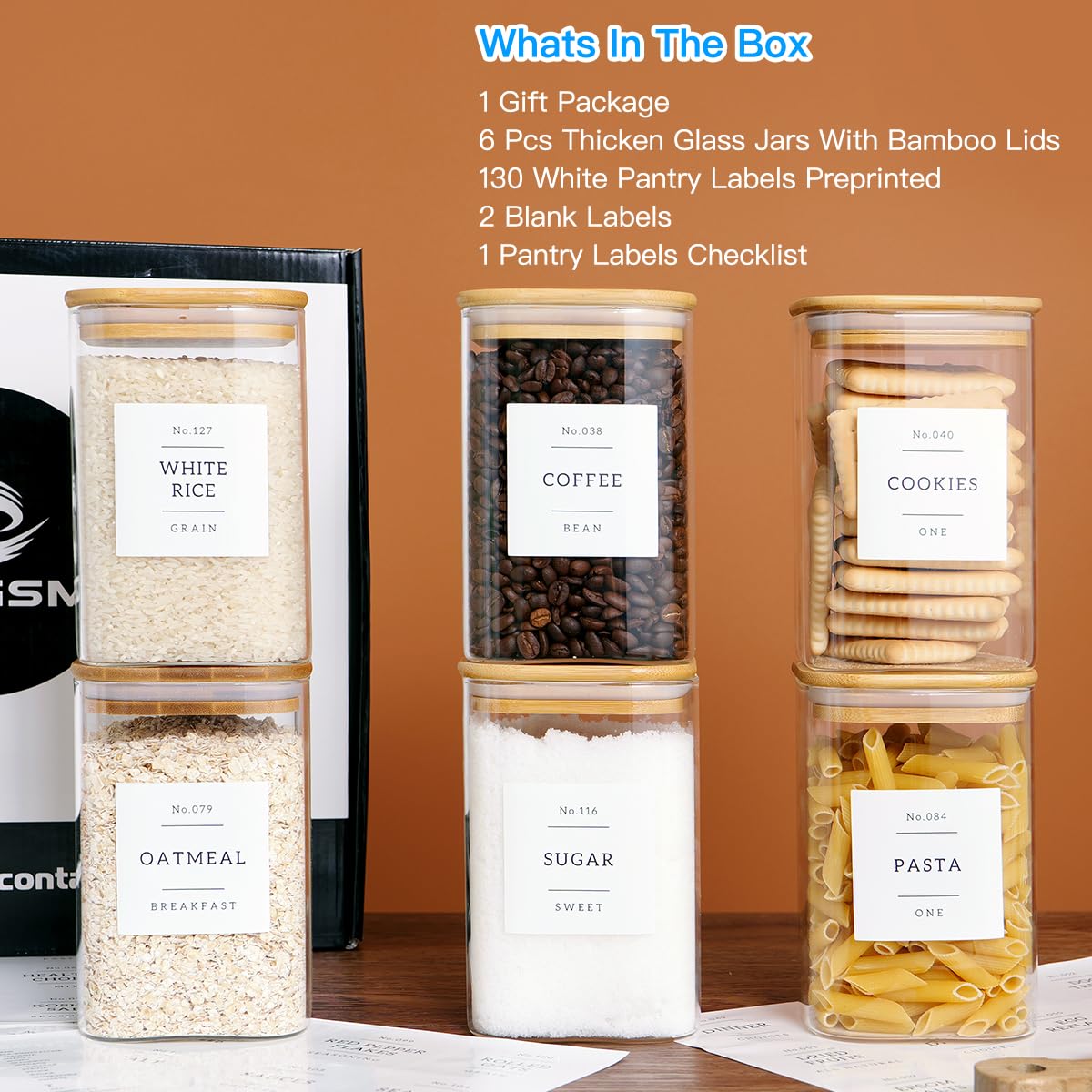 35oz Square Glass Pantry Storage Containers with Bamboo Lids – 6 Pack Airtight Kitchen Organizer Set