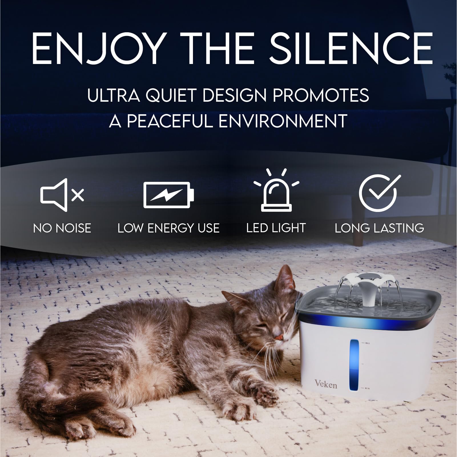 Veken Award-Winning Pet Water Fountain – BPA-Free 5-Stage Filtration with LED Water Level Window