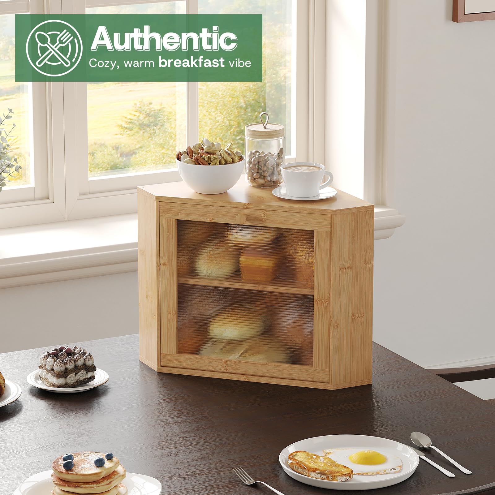 Large Corner Bamboo Bread Box with Adjustable Shelf & Wavy Acrylic Door for Kitchen Countertop