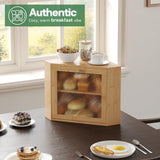 Large Corner Bamboo Bread Box with Adjustable Shelf & Wavy Acrylic Door for Kitchen Countertop