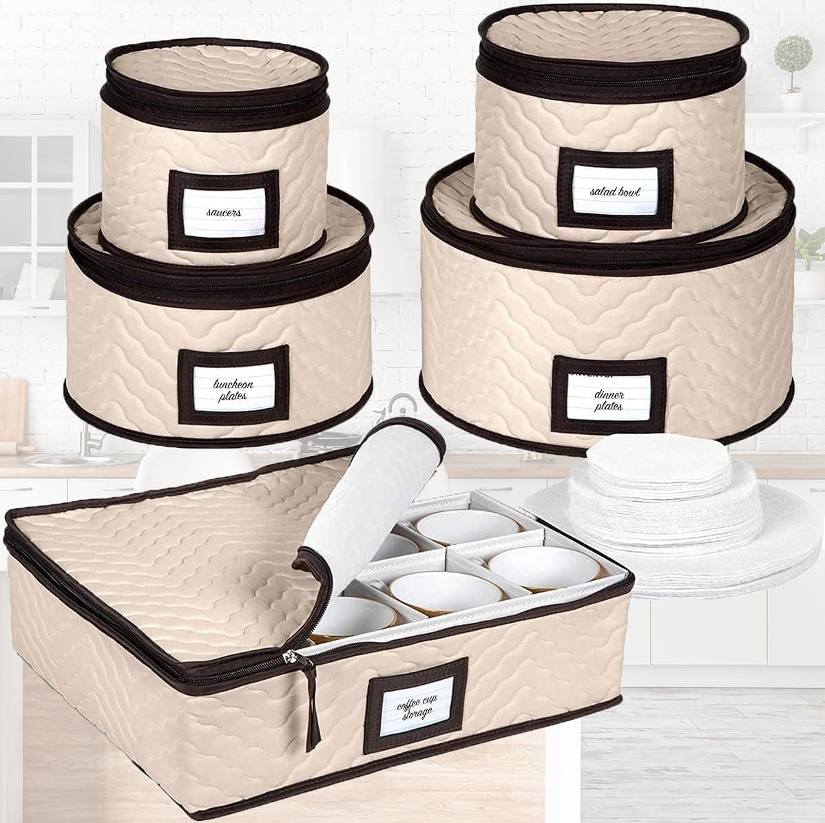 Quilted China Storage Container Set – 5-Piece Dinnerware & Glassware Protection Organizer (12 Place Settings)