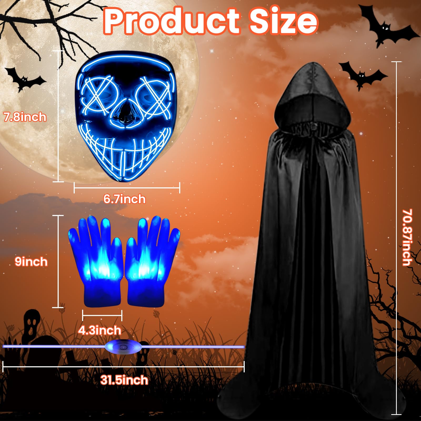 Halloween LED Light-Up Costume Set – Blue Purge Skeleton Mask, Glow Gloves, Shoelaces & Hooded Cloak for Kids & Adults