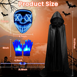 Halloween LED Light-Up Costume Set – Blue Purge Skeleton Mask, Glow Gloves, Shoelaces & Hooded Cloak for Kids & Adults