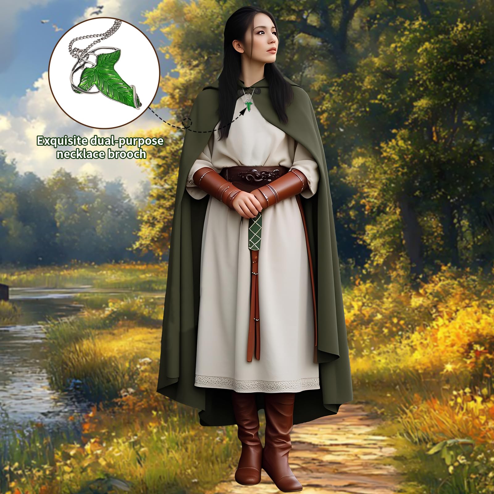 Green Hooded Medieval Cloak – Elf-Inspired Cape with Leaf Brooch & Toggle Closure for Halloween & Cosplay 🍃🧝‍♂️