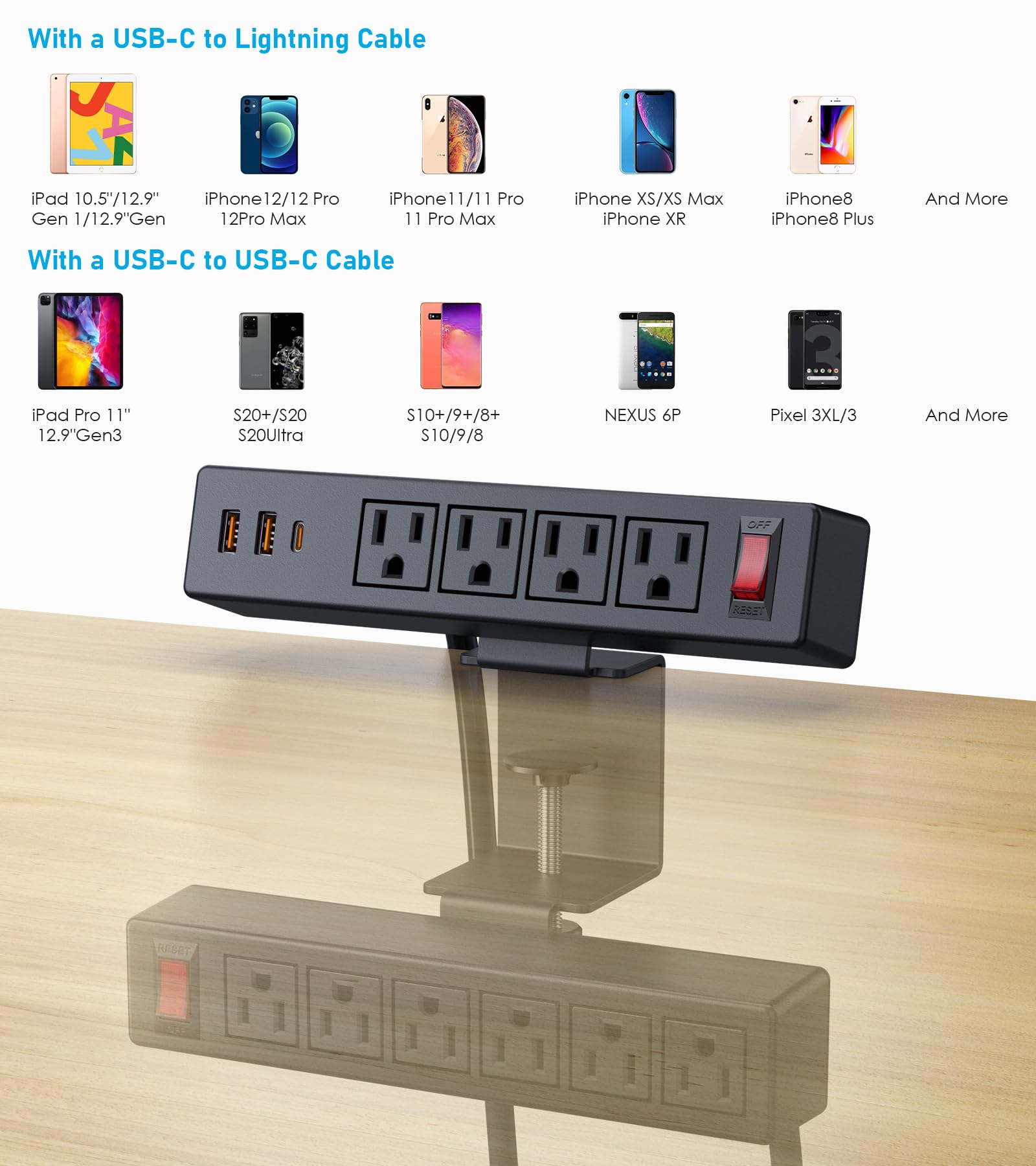 13-Outlet Desk Clamp Power Strip with USB-C Fast Charging & Surge Protection – Dual Layer Mount Charging Station Black