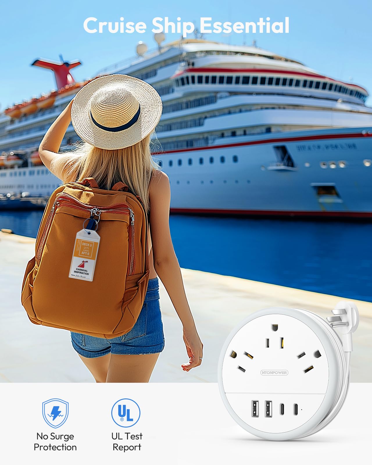 Compact Travel Power Strip with USB-C – 7 Device Charging Station, Ultra Thin Flat Plug & 4ft Wrap Cord for Hotels, Cruise & Home Use