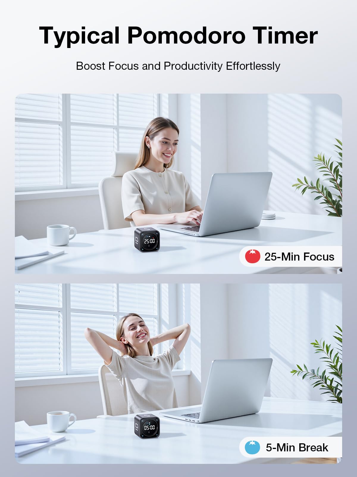 TK3 Pomodoro Timer Cube with Auto 25/5 Cycles, Flip Countdown, Stopwatch & Desk Clock, Rechargeable Focus Timer with Silent, Vibration & Sound Alerts – Black