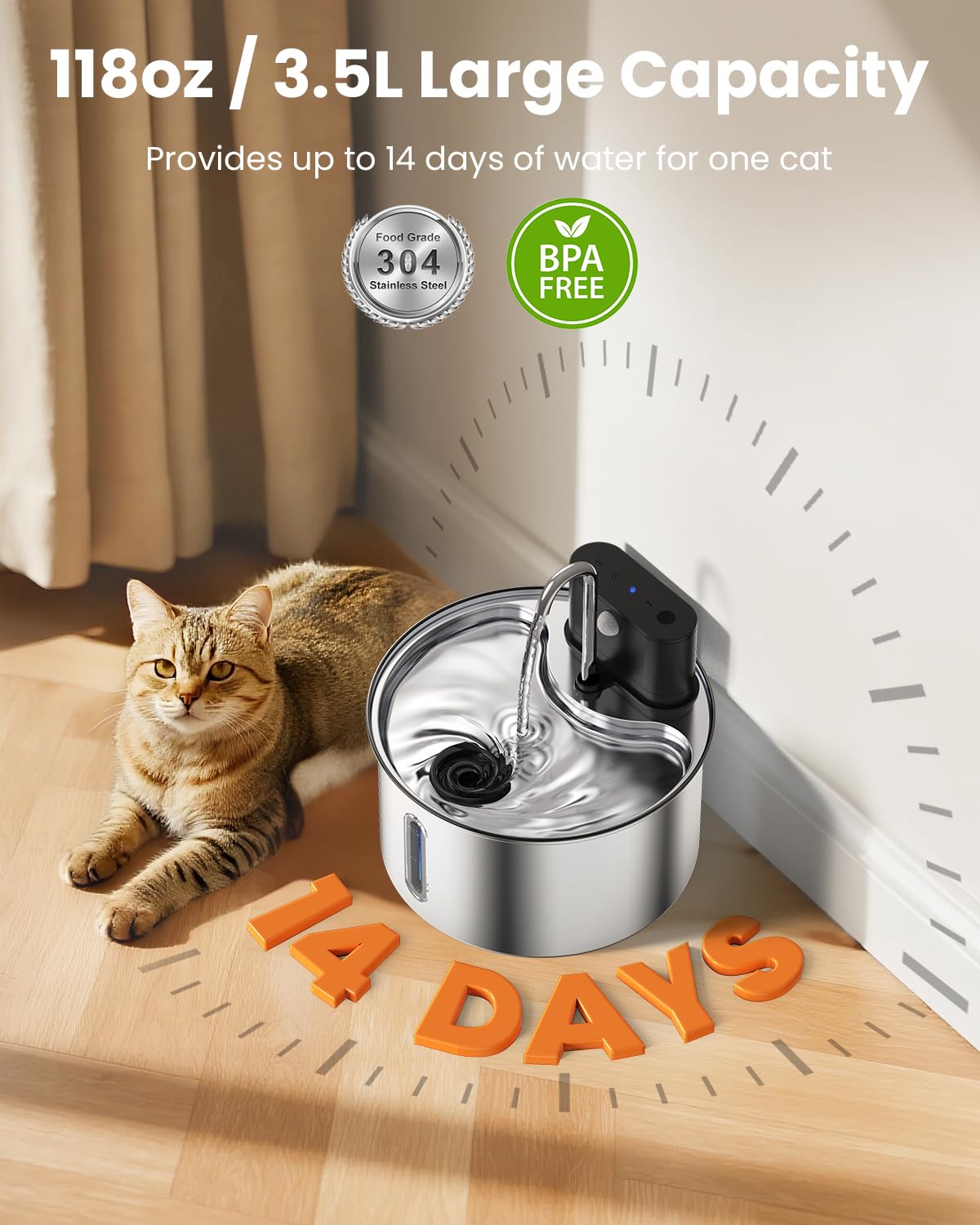 3L Stainless Steel Wireless Cat Water Fountain – 4000mAh Rechargeable with 3 Flow Modes & 5-Layer Filtration