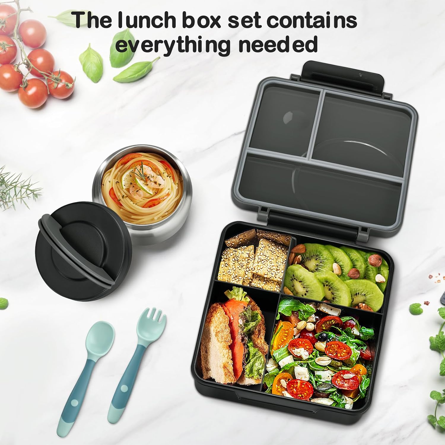 Black 4-Compartment Bento Set with 8 oz Food Jar