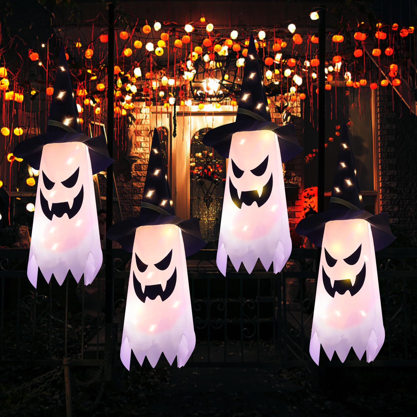 Halloween Hanging Ghost Witch Hat Lights – 4 Pack Warm White LED Decorations with 3 Flash Modes for Indoor & Outdoor Use