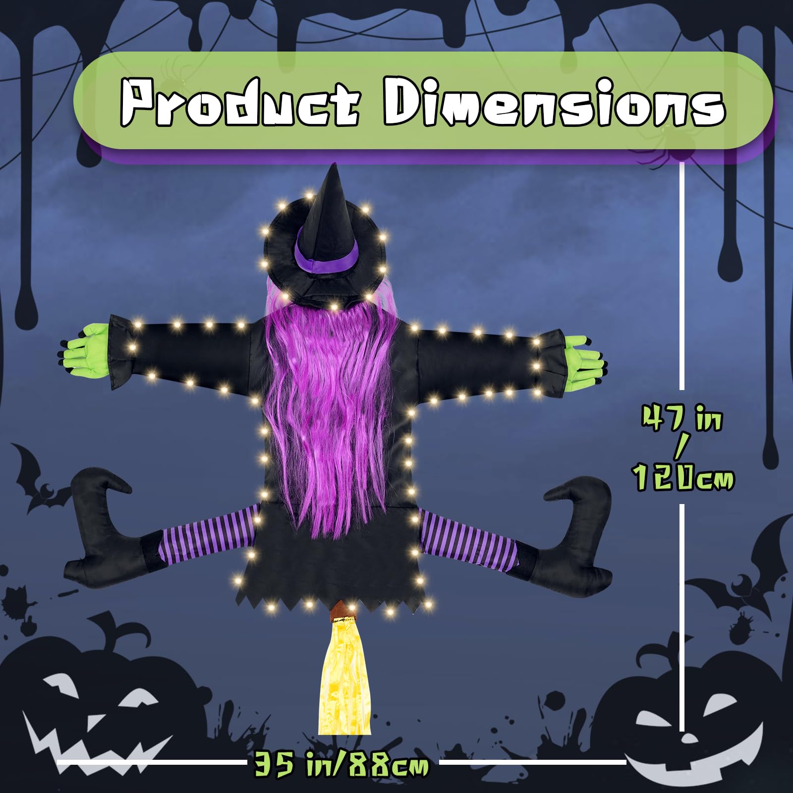 N&T NIETING 47" Witch Crashing Into Tree Door Column Outdoor Halloween Decoration, Funny Halloween Witch Ornaments Decor(Purple)