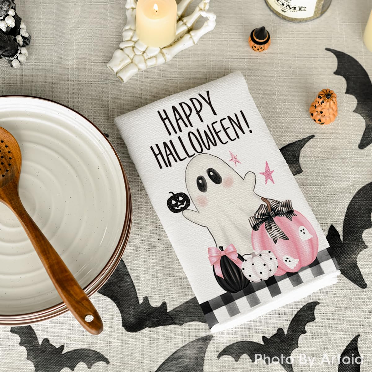 Pink Halloween Dish Towels – 4Pc Soft & Absorbent Cotton Tea Towels with Cute Seasonal Print (18x26 in, Artoid Mode)