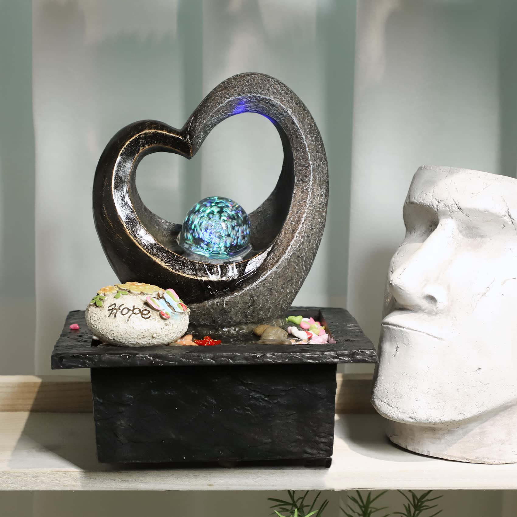 Modern RGB LED Tabletop Waterfall Fountain with Crystal Spin Ball – Polyresin Indoor Zen Decor (Black)