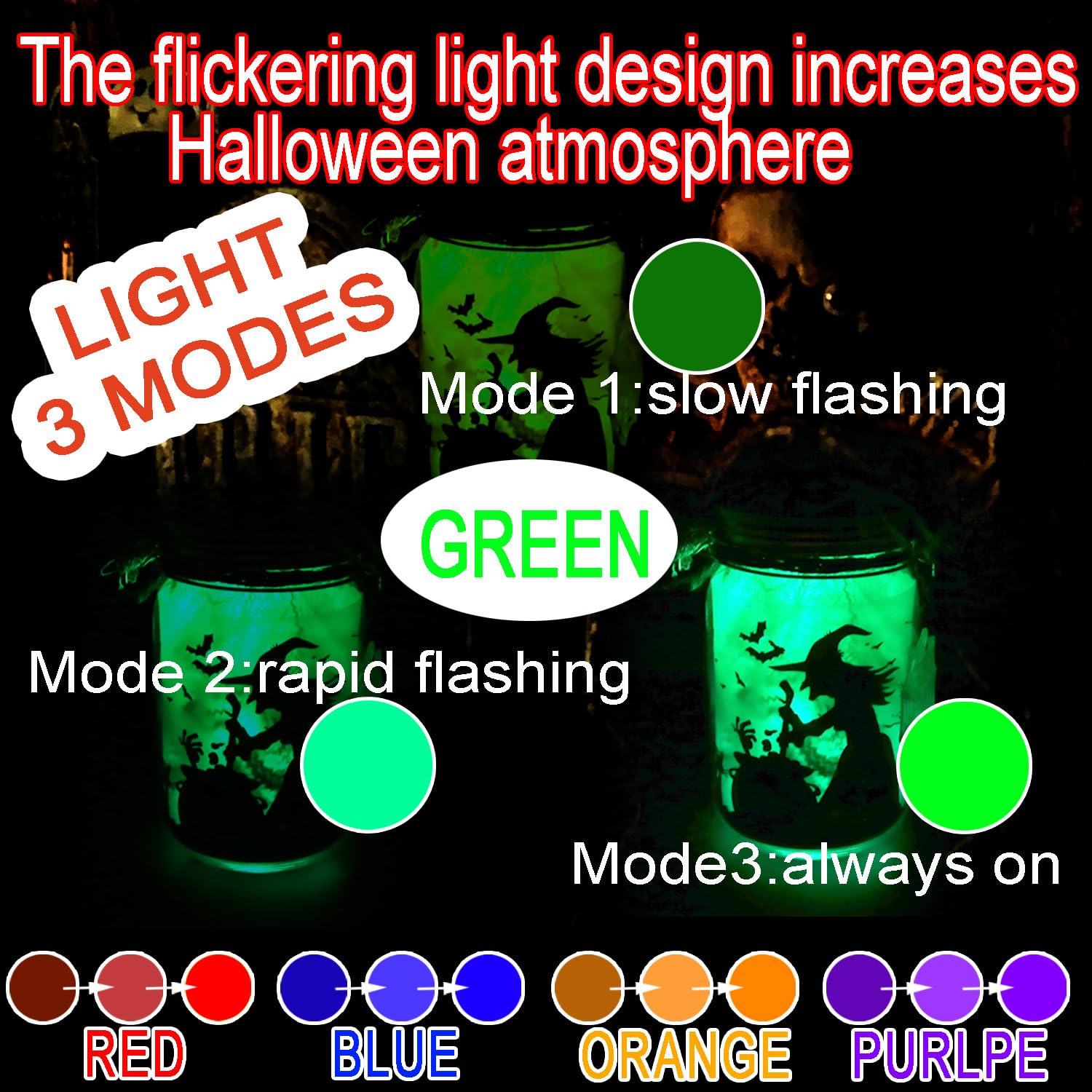 Halloween DIY Lantern Jar Craft Kit – 4 Mason Jars with Multicolor LED Lights & Spooky Silhouettes (Pumpkin, Witch, Cemetery, Ghost)