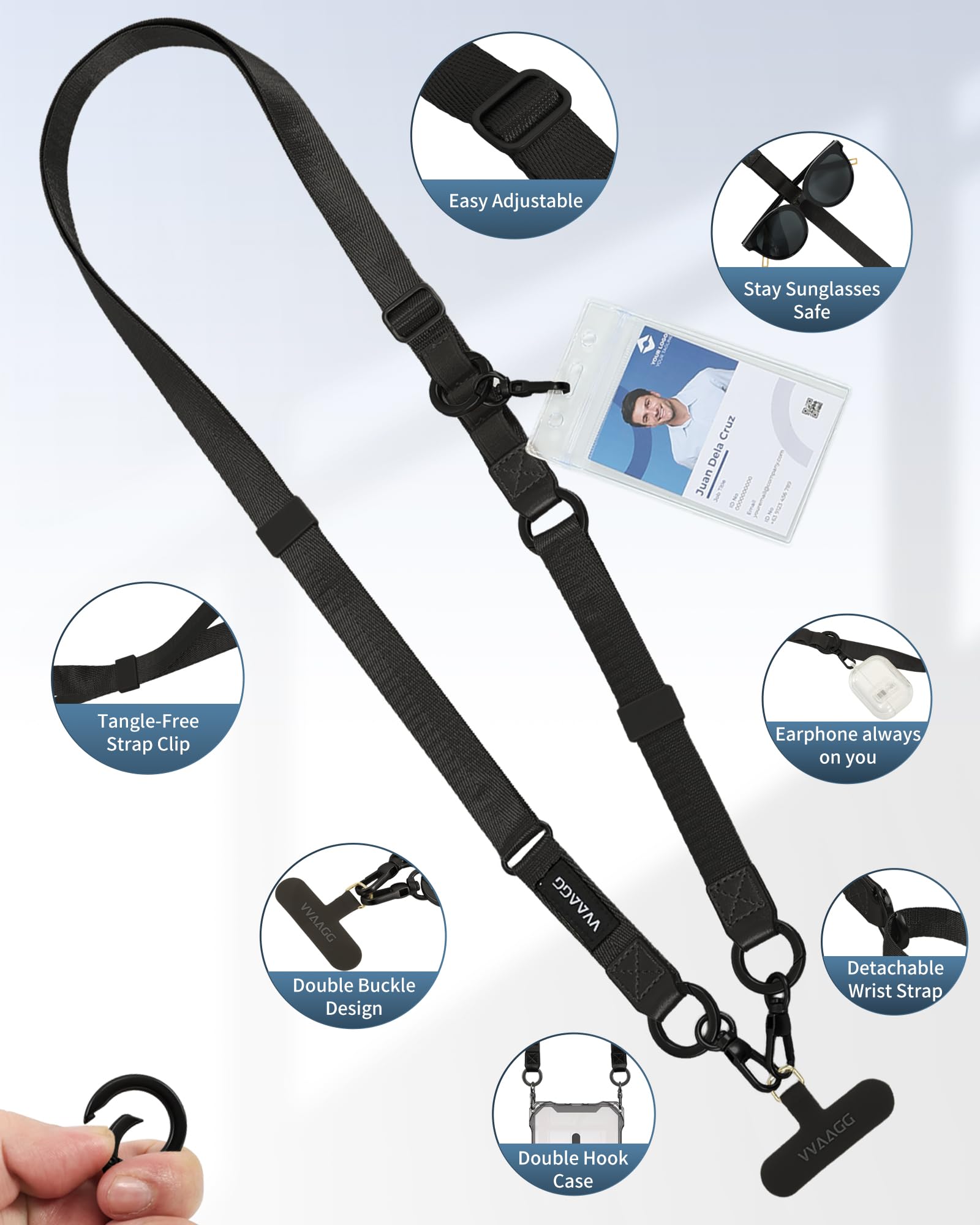 VVAAGG Adjustable 3-in-1 Phone Lanyard – Crossbody, Neck & Wrist Anti-Theft Strap for Smartphones (Black)
