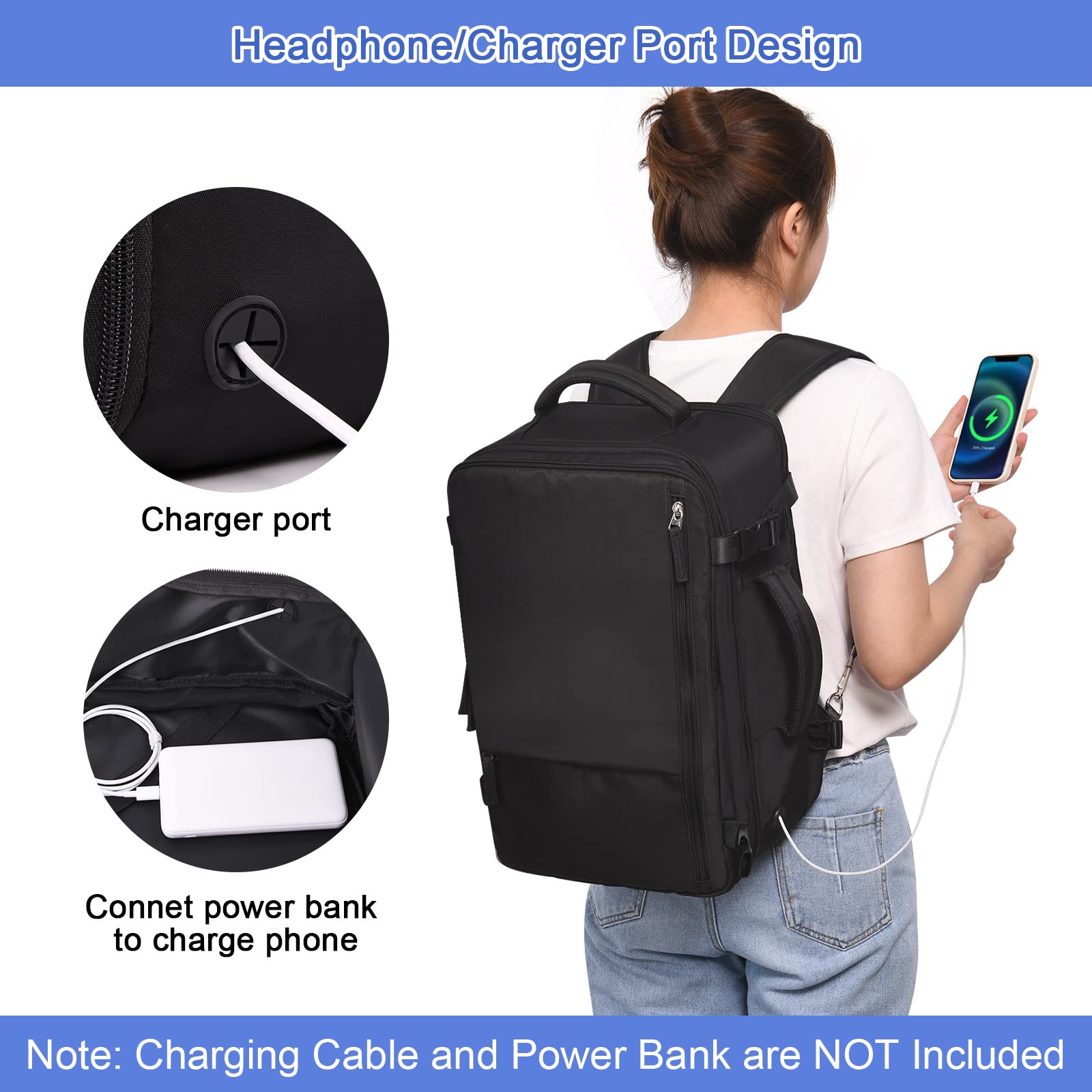 SINALIY Expandable 40L Carry-On Travel Backpack with Convertible Carry & 17” Laptop Sleeve – Black