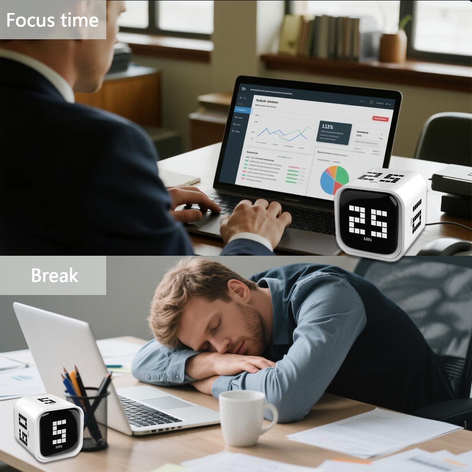Rotating Focus Timer with Flip Control, True Pomodoro Presets & Custom Countdown, Silent Vibration Desk Timer for Work, Study & Kitchen – Black