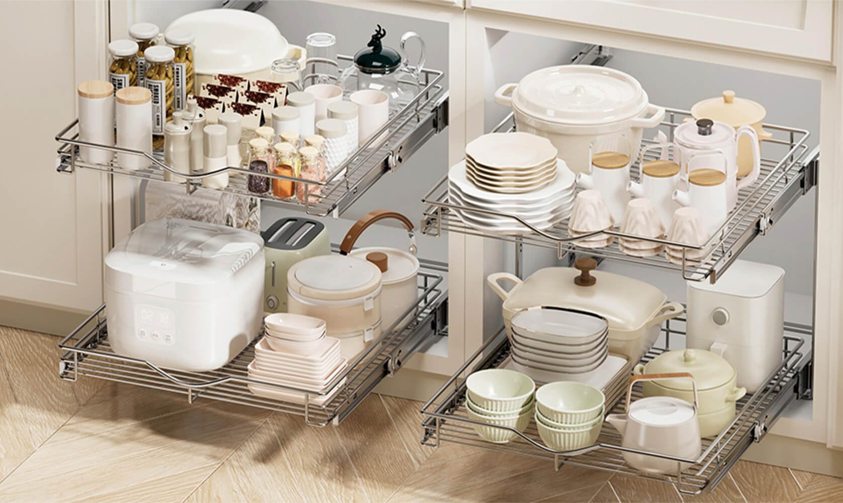 DINDON Chrome Dual-Layer Pull-Out Cabinet Storage – Premium Double Shelf Organizer for Kitchen Base Cabinets