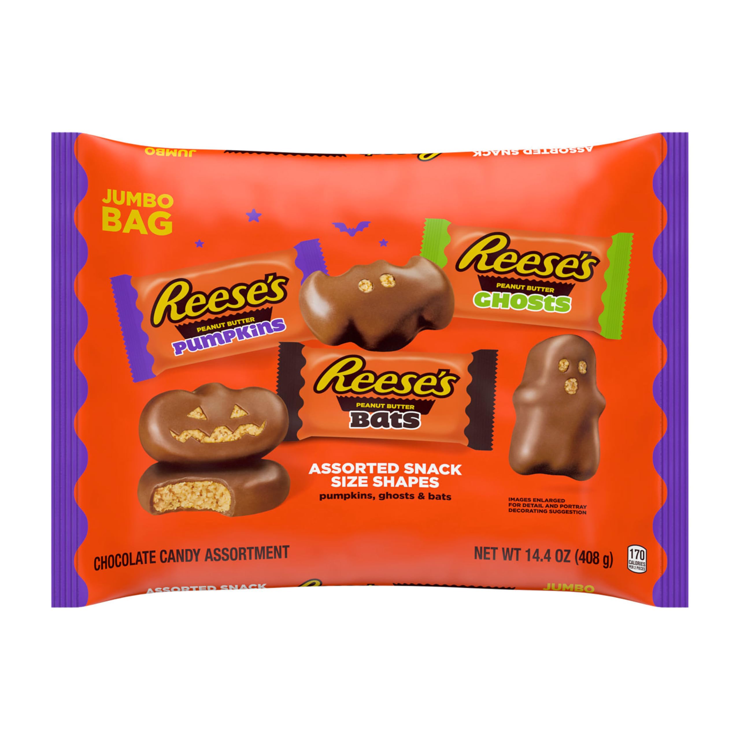 REESE’S Assorted Milk Chocolate Peanut Butter Shapes – Snack Size Halloween Candy, 14.4 oz Bag