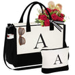 YOOLIFE Personalized Initial Tote Bag for Women – Large Zippered Monogram Tote with Crossbody Strap & Makeup Pouch (White, Letter A)