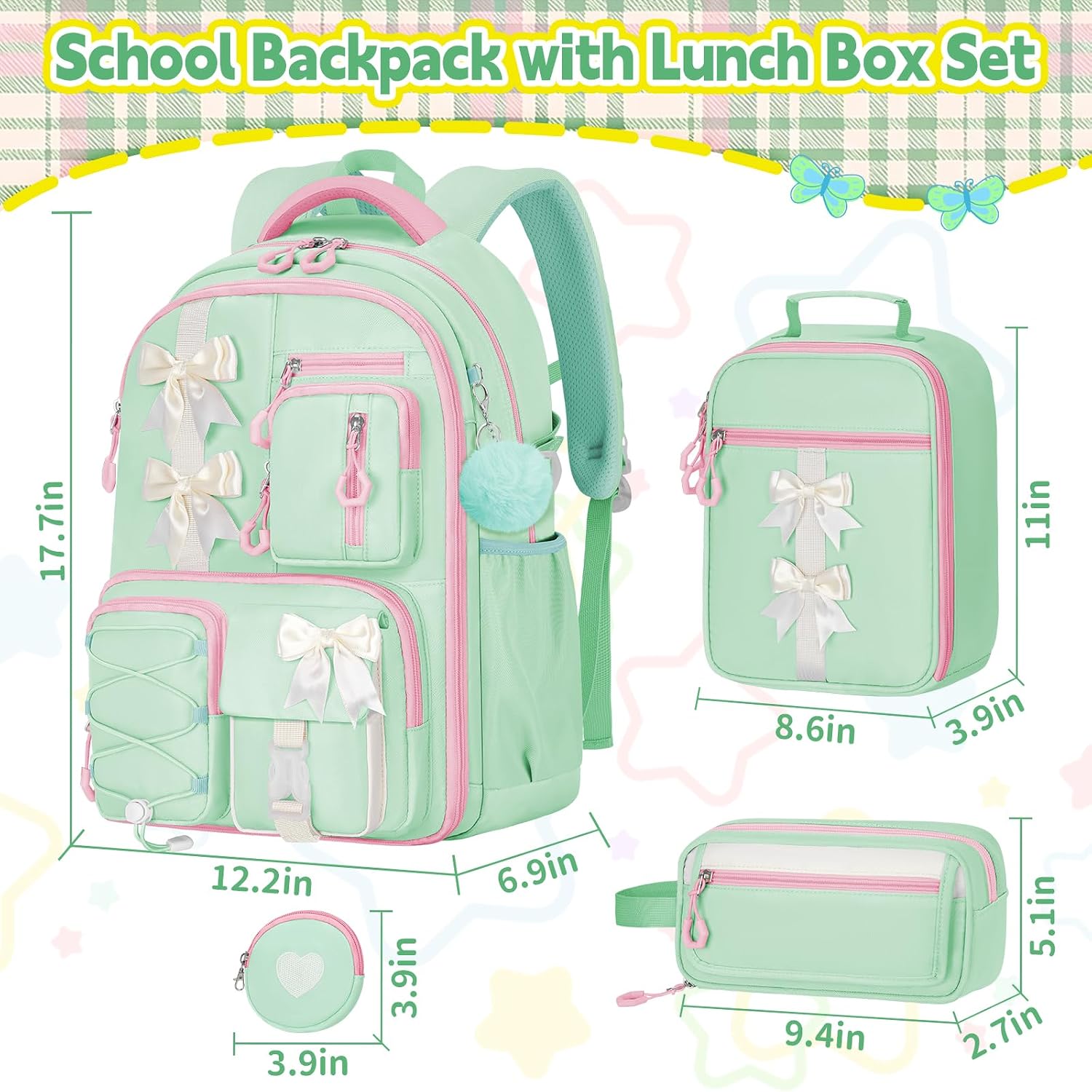 Green Kawaii Backpack Set with Lunch Bag and Coin Purse