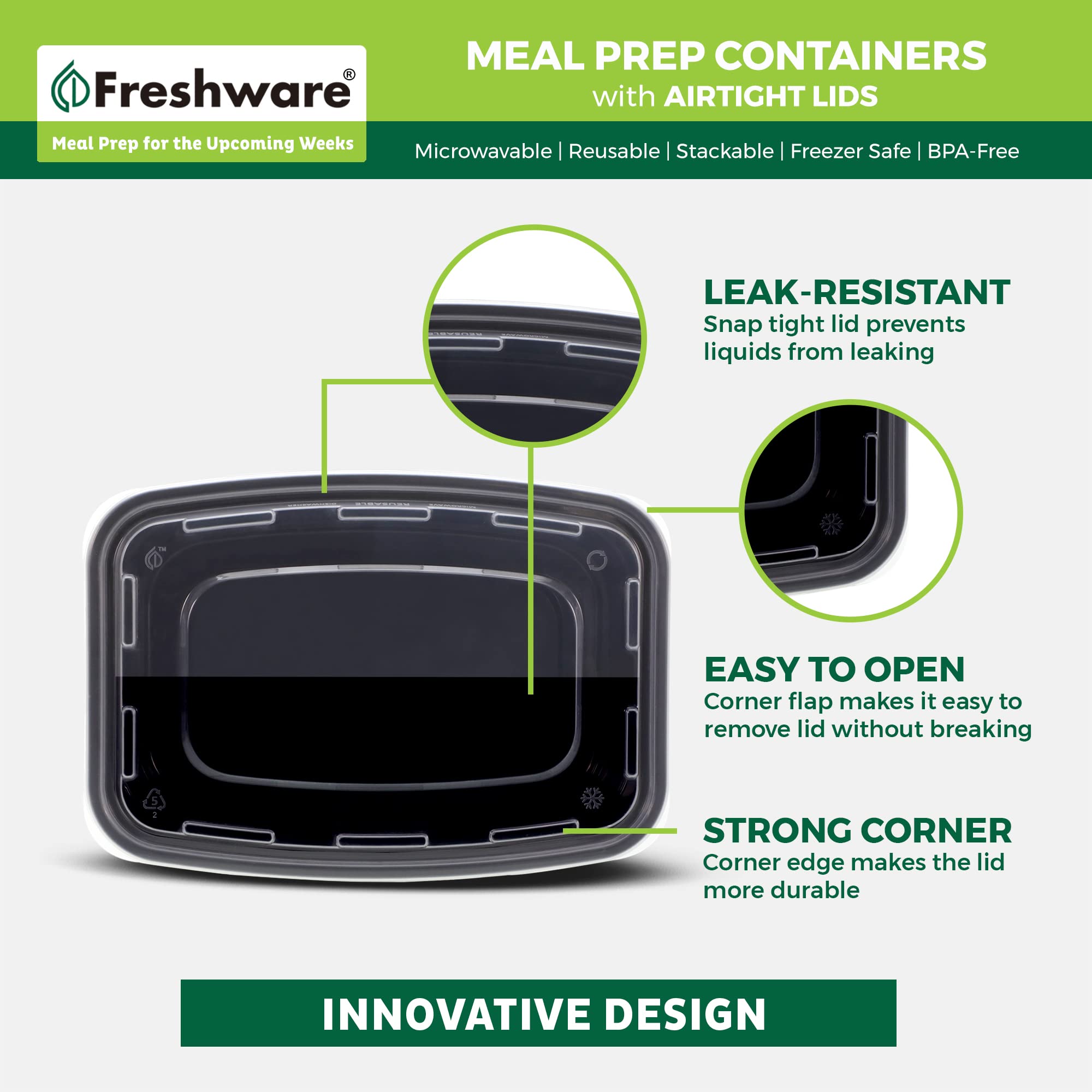 Freshware 28oz Meal Prep Containers – 50 Pack, BPA-Free Bento Lunch Boxes