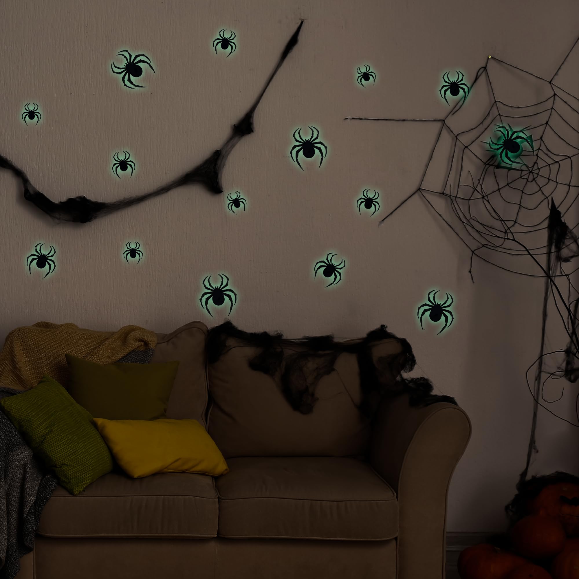 36-Pack Green Light-Up 3D Halloween Spiders – Glow Wall Decorations in 4 Sizes for Party, Windows & Indoor Haunted Decor