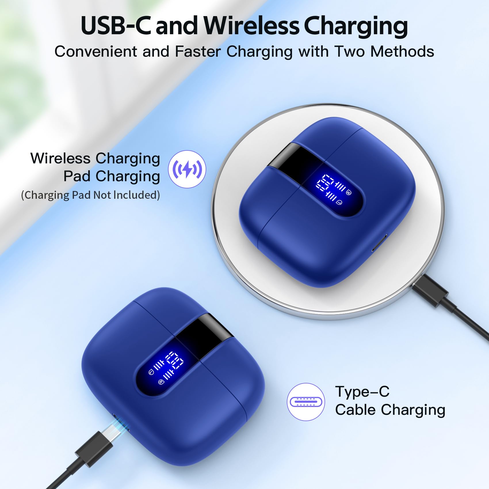 TAGRY X08 Wireless Bluetooth Earbuds Ocean Blue with LED Power Display, Wireless Charging Case & 60H Playback – Waterproof Stereo Headphones