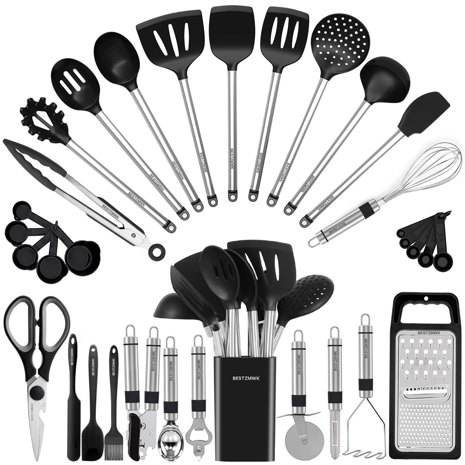 33-Piece Stainless Steel & Silicone Kitchen Utensil Set with Holder