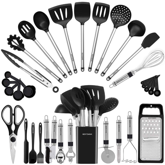33-Piece Stainless Steel & Silicone Kitchen Utensil Set with Holder
