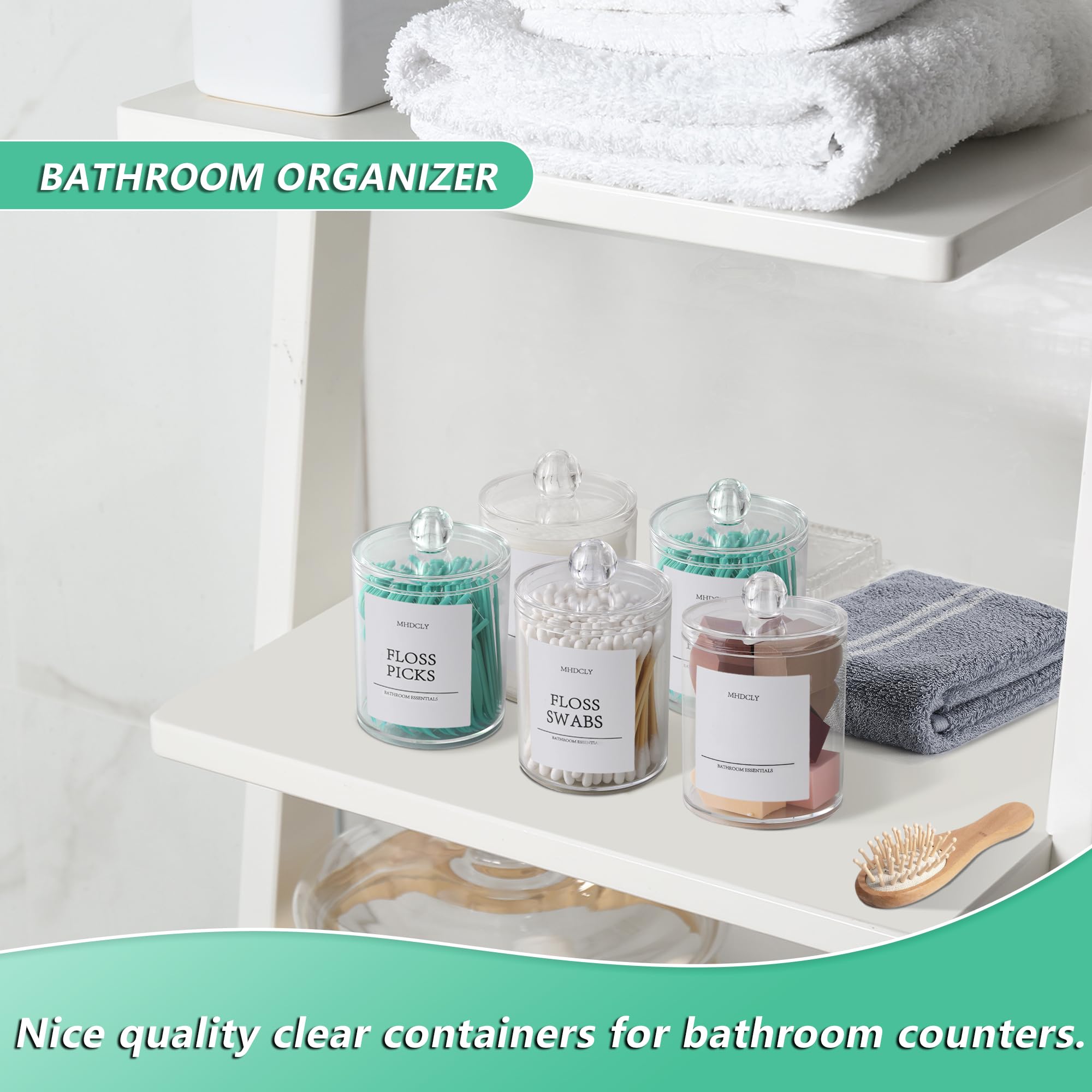 Clear Bathroom Organizer Canisters with Plastic Lids (4-Pack) – Qtip, Cotton & Vanity Storage Set with Labels