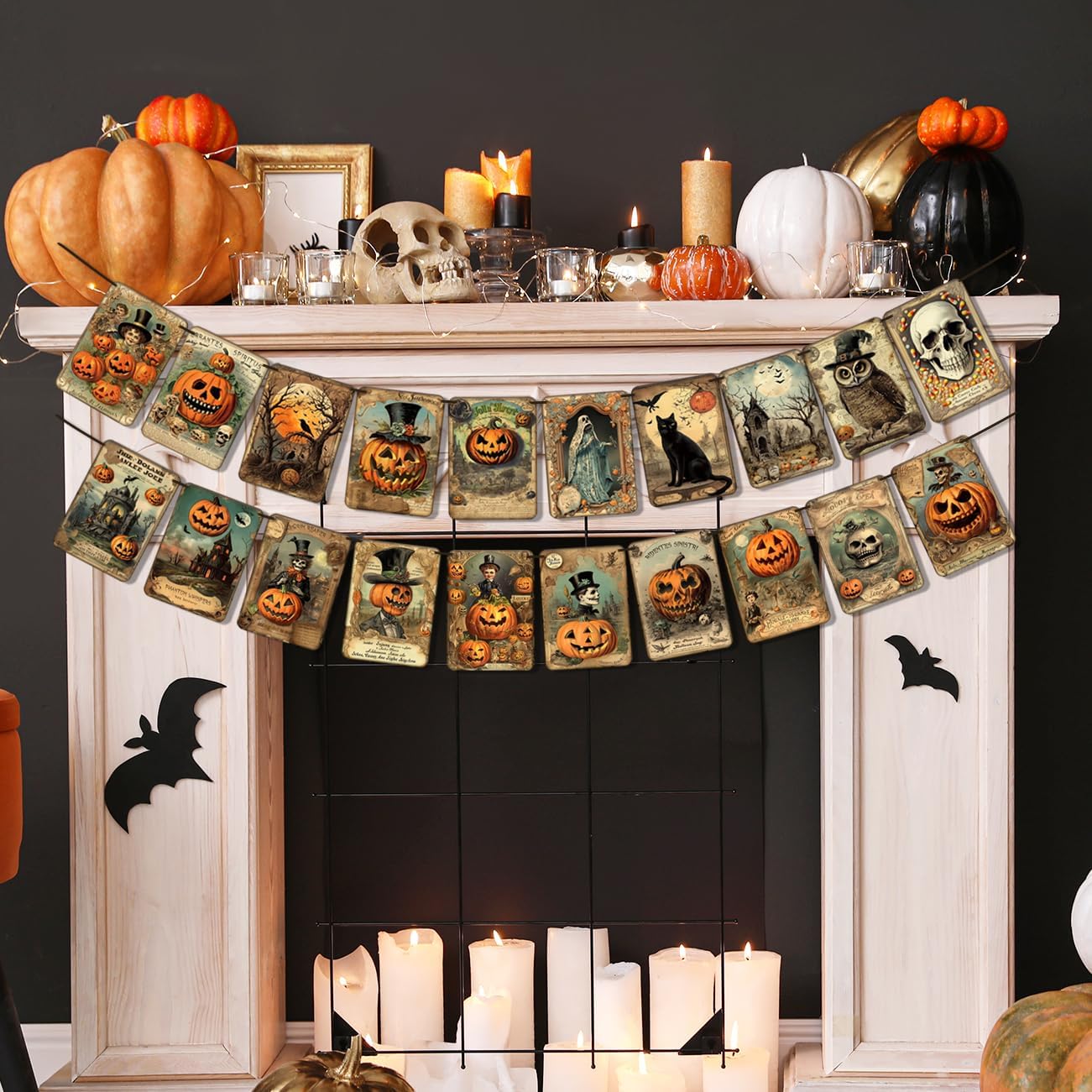 Vintage Halloween Banner – 20-Card Multicolor Garland with Retro Pumpkins, Cats & Skeleton Designs