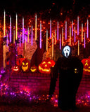 Orange & Purple Meteor Shower Lights – 30Ft 10-Tube LED Falling Rain Lights with Timer & Waterproof Design (Outdoor Halloween & Holiday Decor)