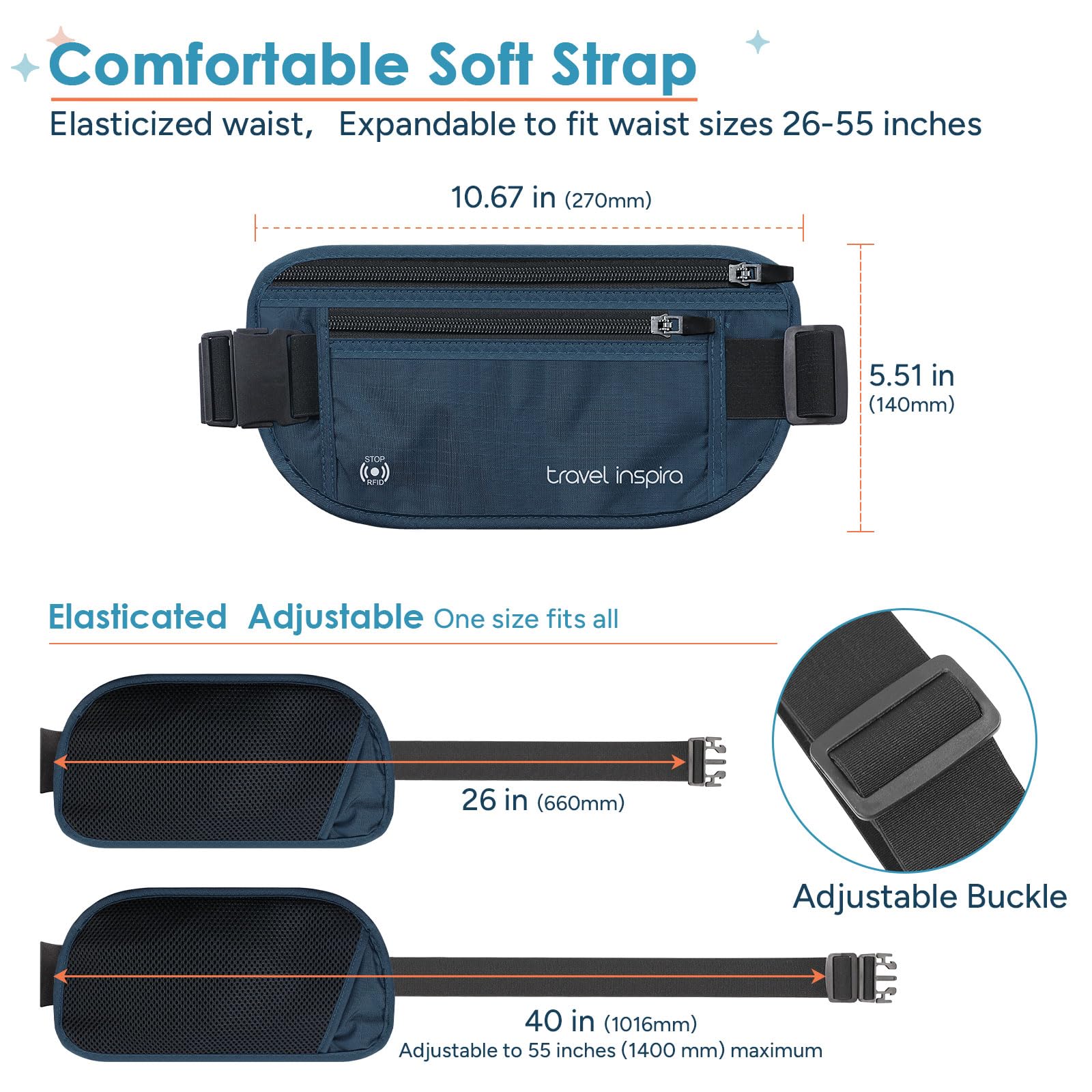 Travel Inspira RFID Anti-Theft Money Belt – Ultra-Slim Hidden Passport & Cash Wallet (Navy Blue)