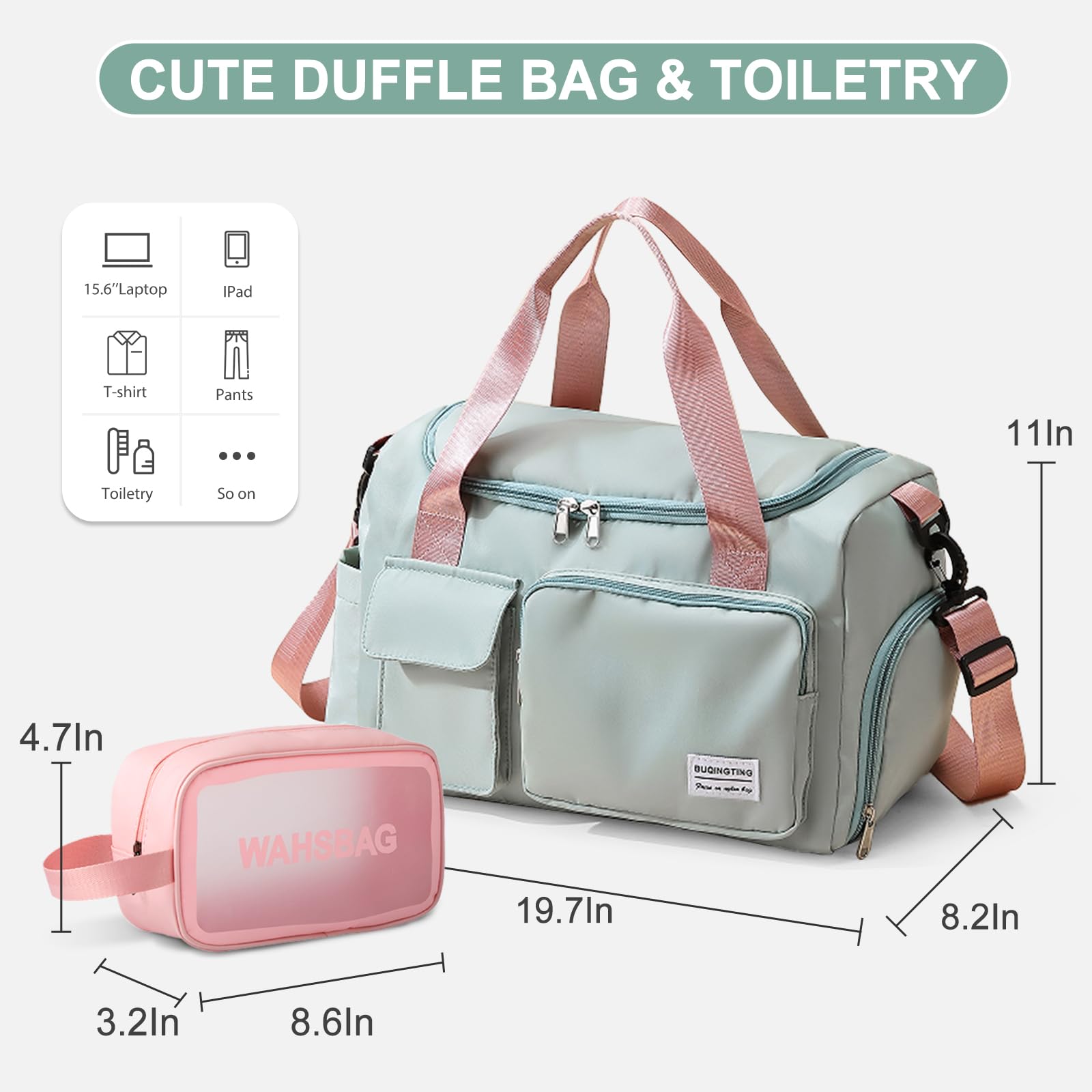 Small Gym Bag for Women – Lightweight Travel Duffle & Weekender Bag with Shoe Compartment and Toiletry Pouch (Green)