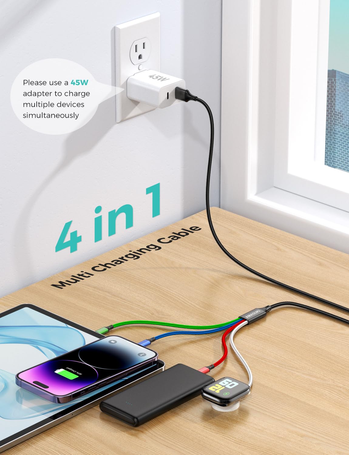 4-in-1 Multi Charging Cable with iWatch Magnetic Charger – Universal USB C, Lightning & Micro USB Fast Charging Cable for iPhone, Apple Watch, iPad, Samsung & Travel Devices