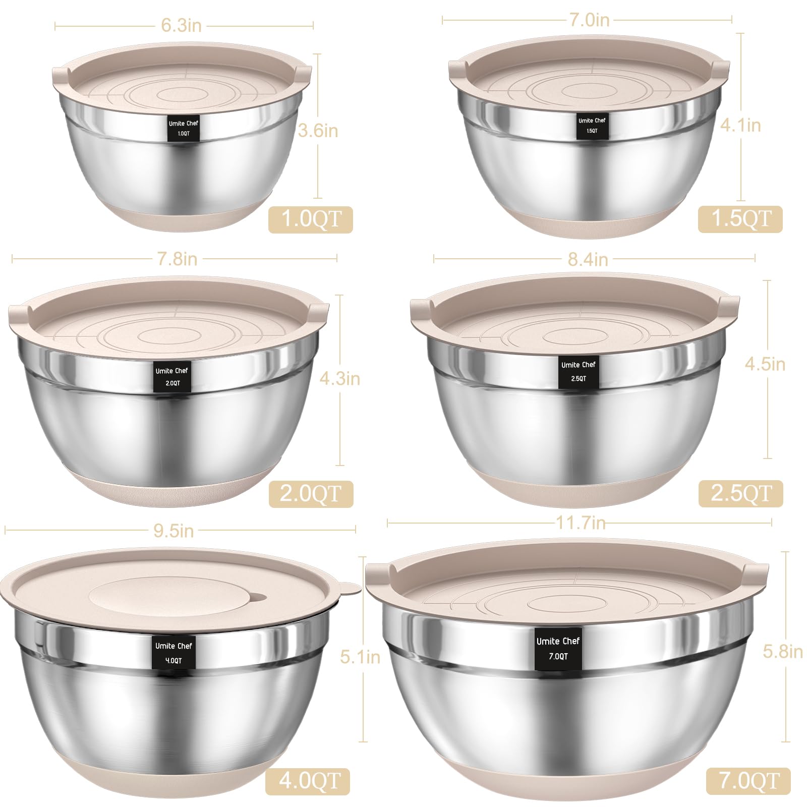 Stainless Steel Mixing Bowl Set with Airtight Lids & Grater Attachments (6 Sizes)