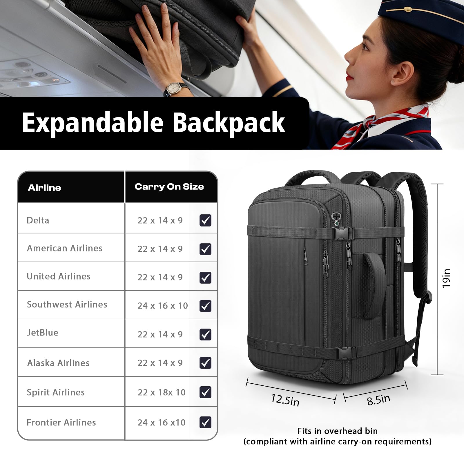 Expandable 40–50L Carry-On Travel Backpack with Lay-Flat Opening & USB Cable Port – Fits 17.3” – Black