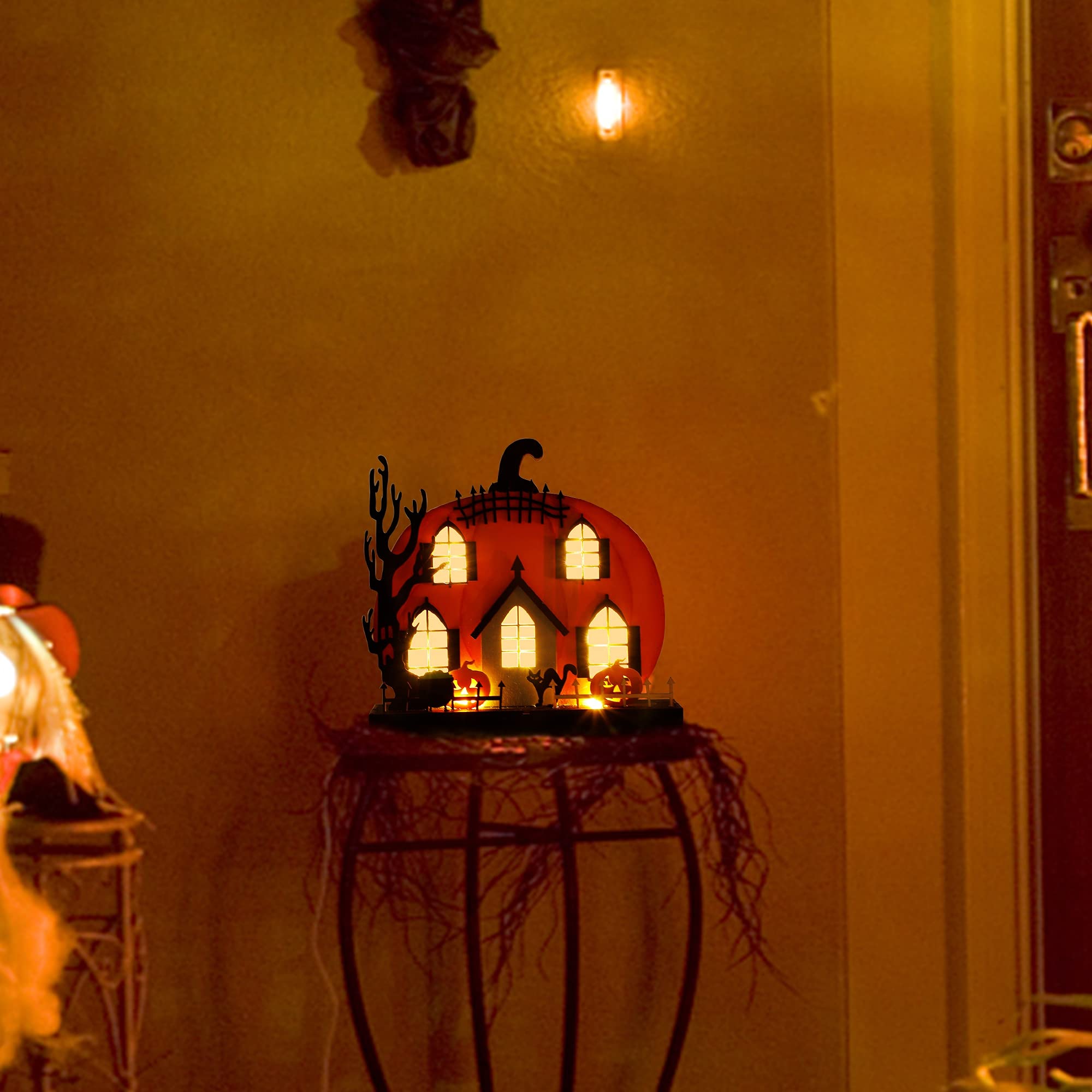 Lulu Home Light-Up Wooden Pumpkin House 🎃 Halloween Tabletop Décor with Ghosts, Cat & Witch Pot