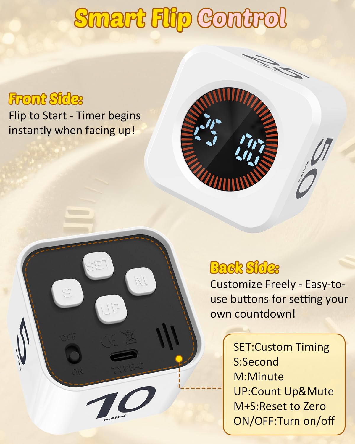 Kids-Friendly Flip Cube Pomodoro Timer with Visual LED Time Bars, Silent Mode & USB-C Rechargeable – White