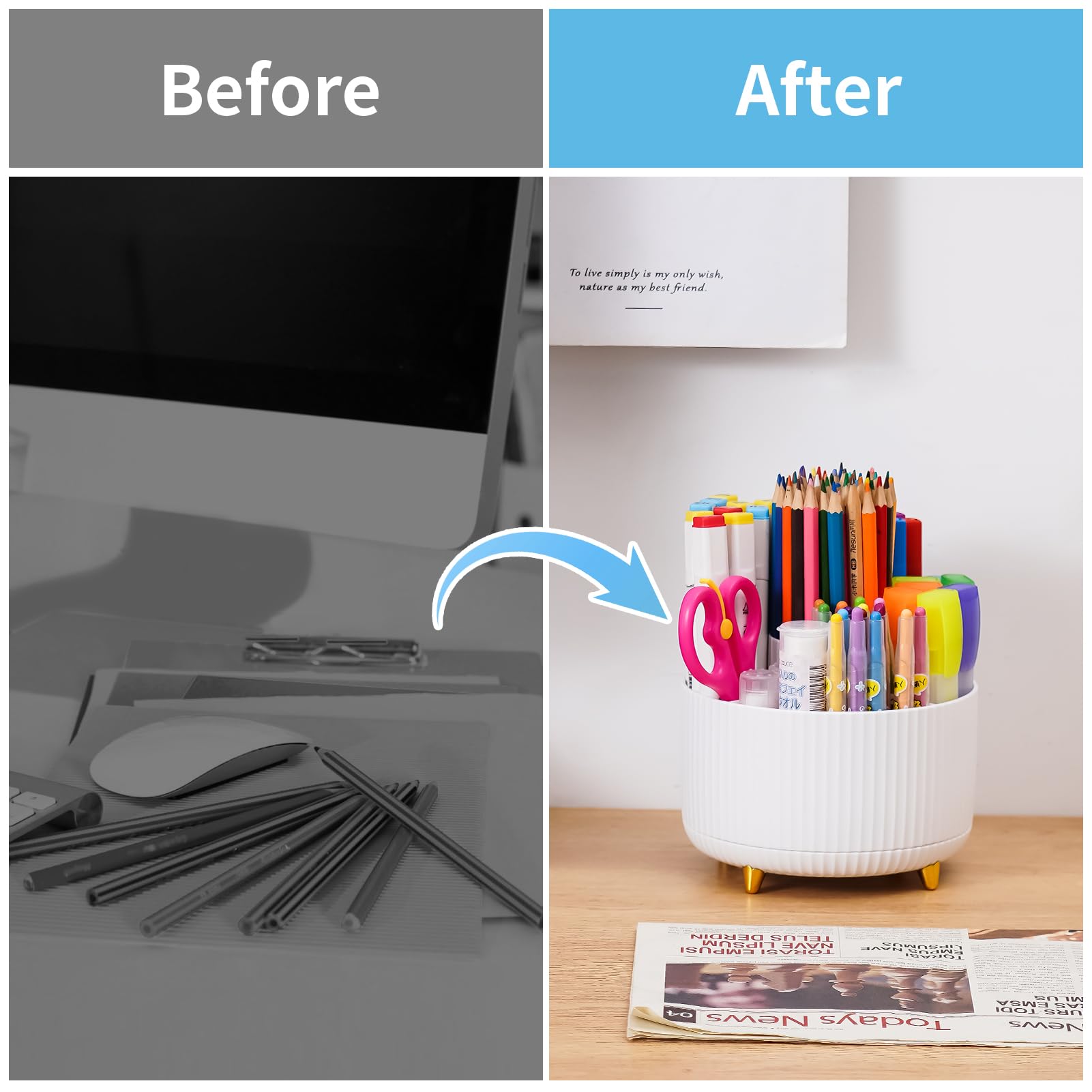 MARBRASSE 360° Rotating Desk Organizer – 5-Compartment Pen Holder & Desktop Storage Caddy for Office & Home