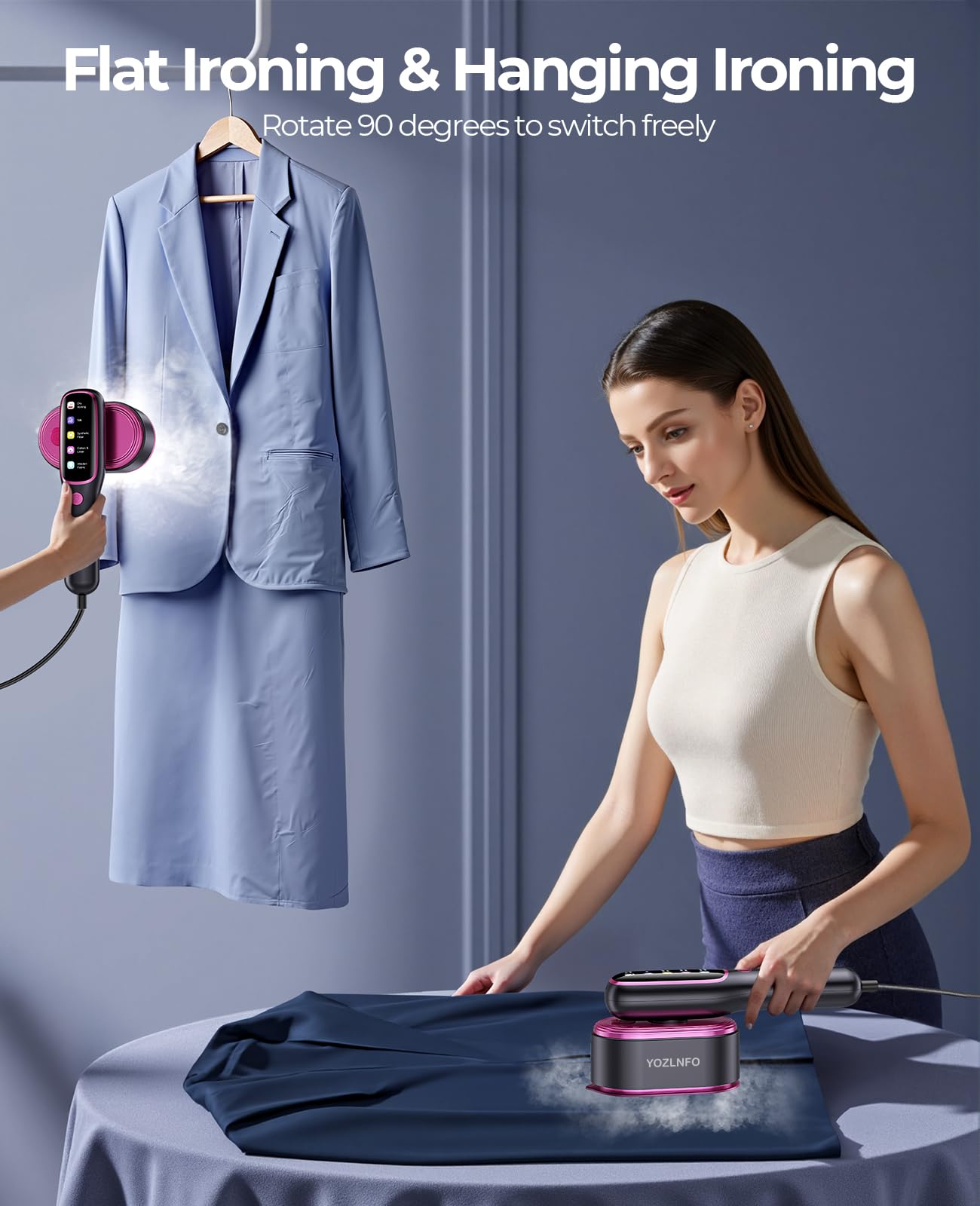 YOZLNFO Portable Travel Garment Steamer Iron 1200W, Fast Heat Handheld Steam Iron with LED Display & Rotating Head