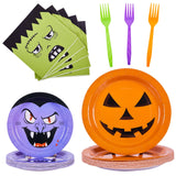 Halloween Party Plates & Napkins Set – 96 Pcs Orange, Purple & Green Ghost, Bat & Pumpkin Tableware for 24 Guests