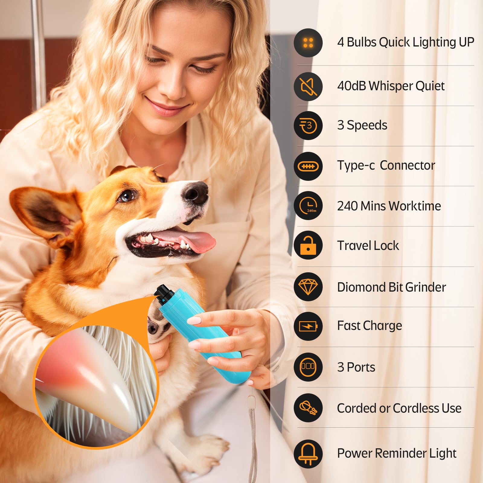 Professional Dog Nail Grinder with 4 LED Lights & Type-C Charging – 3-Speed Quiet Pet Nail Trimmer (Blue)