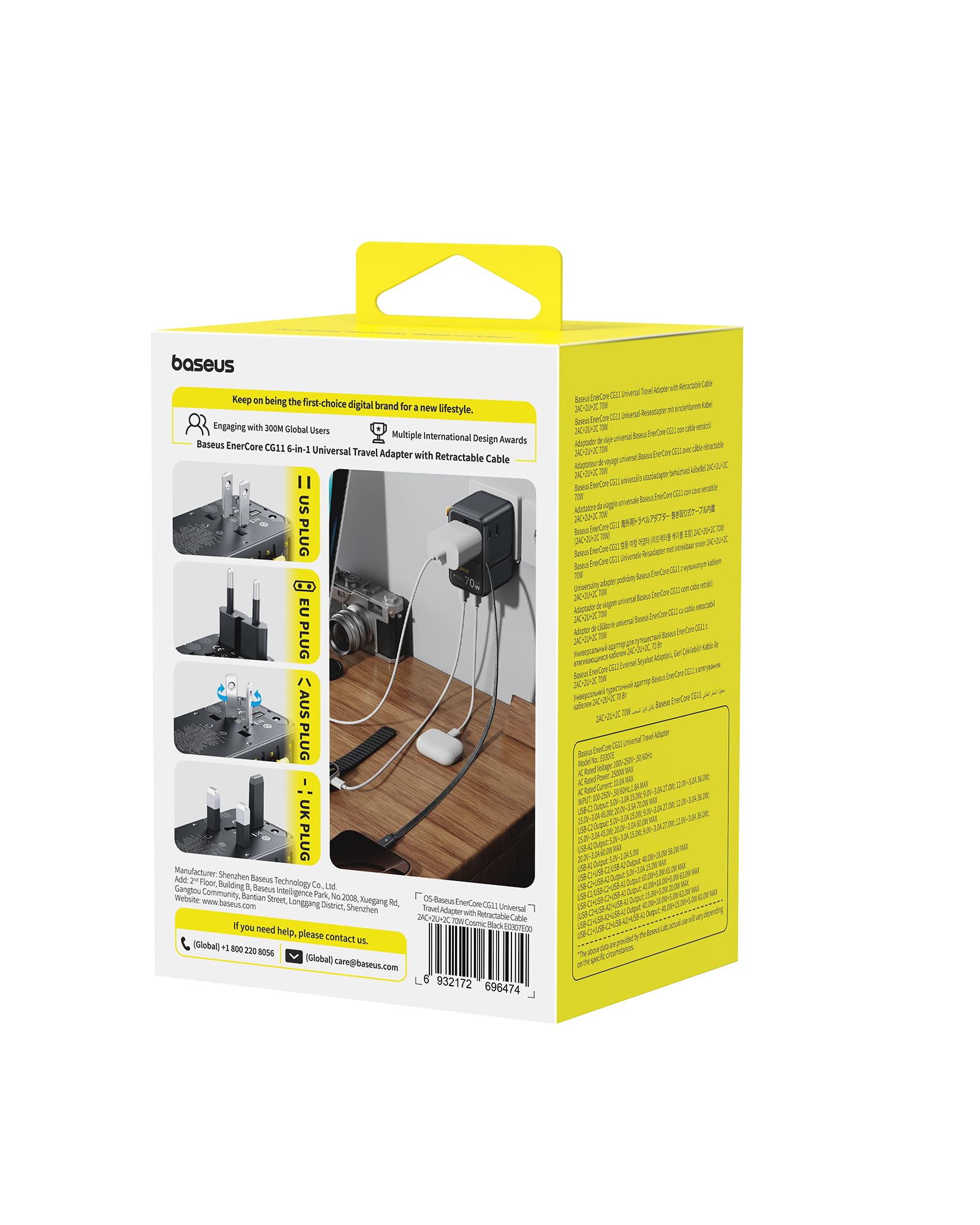 Baseus 70W Universal Travel Adapter – 6-in-1 Worldwide Charger with Retractable USB-C Cable (Black)