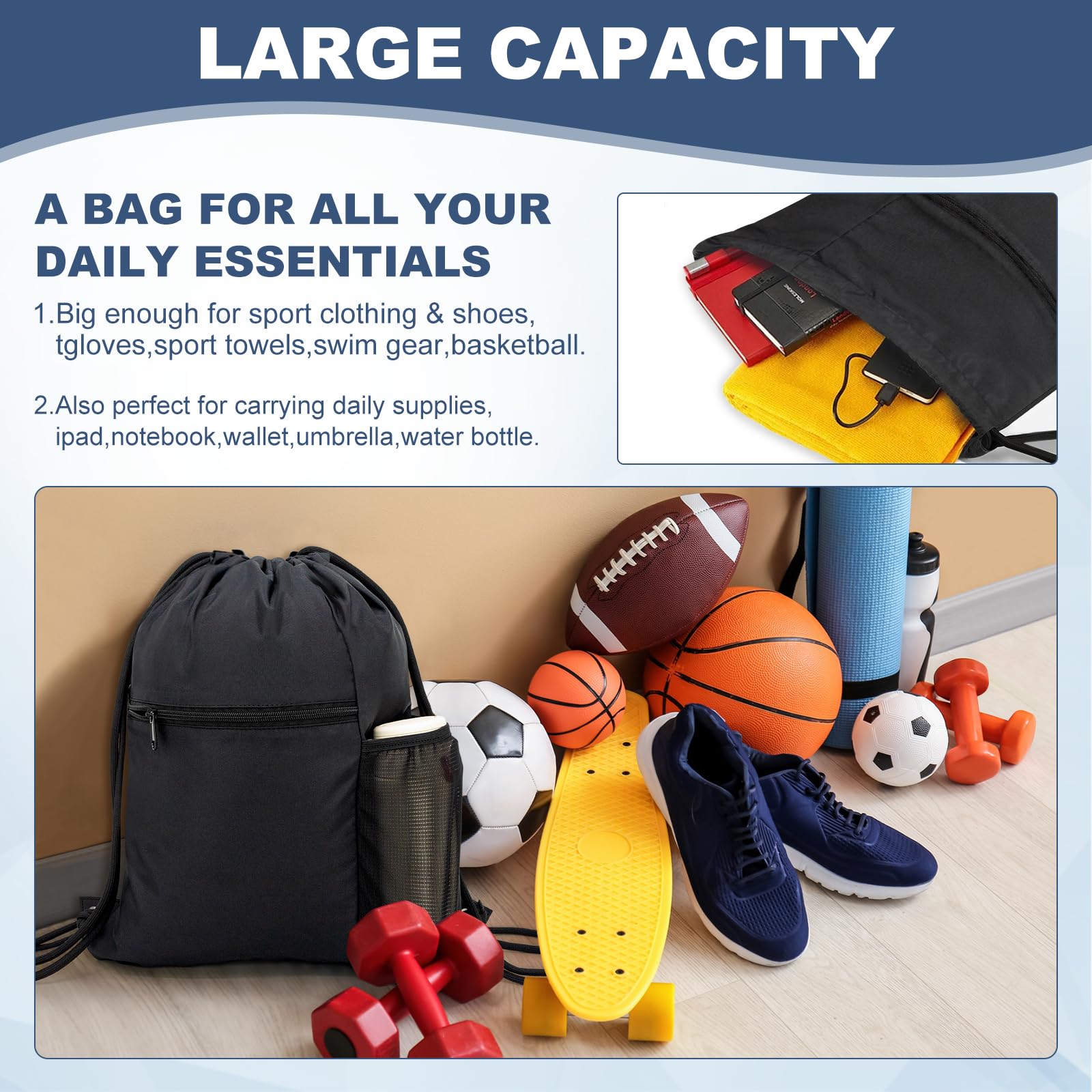 HOLYLUCK Waterproof Drawstring Gym Backpack – Lightweight Sports Sack for Travel, Yoga & Outdoor Activities (Black)